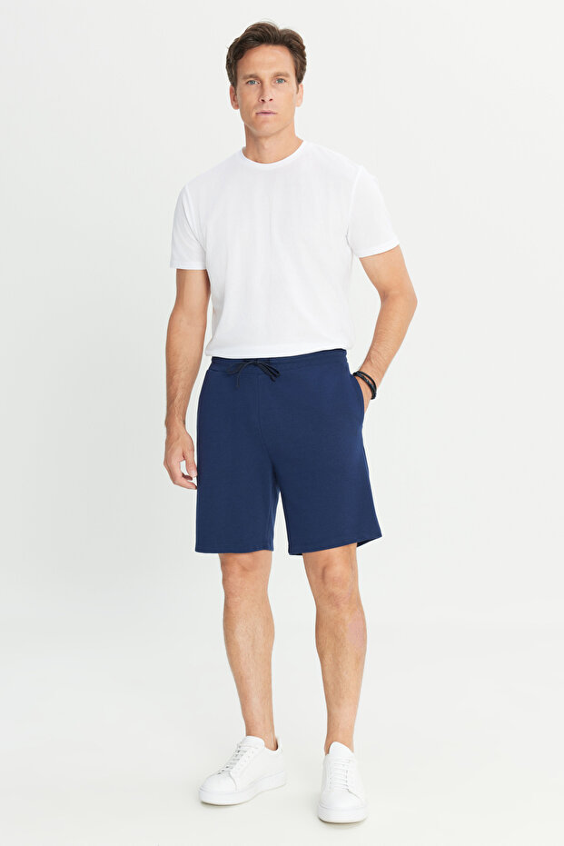 Erkek Lacivert Pamuklu Standart Fit Normal Kesim Beli Bağlamalı Yan Cepli Örme Şort - 3