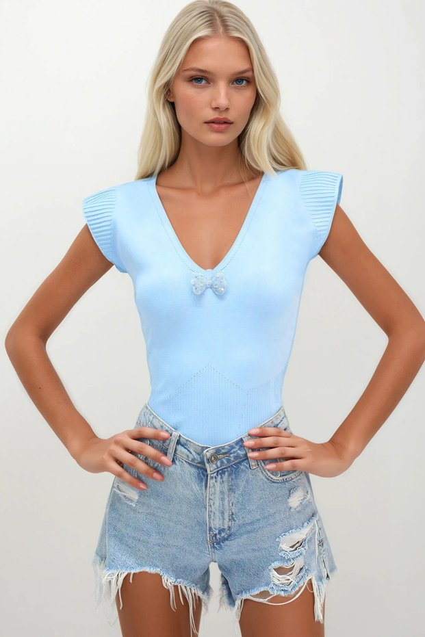 Women's Blue Front Back V Neck Accessory Detail Sleeveless Knitwear Blouse Alc-X14273