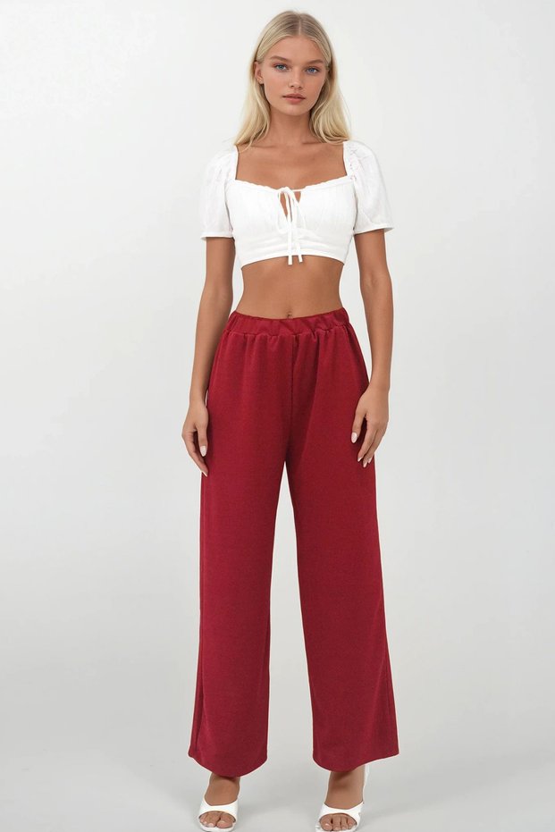 Women's Burgundy Elastic Waist Aerobin Palazzo Trousers Alc-X14265