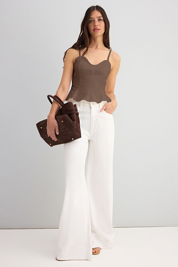 Açık Kahverengi Pamuklu Gabardin Askılı Peplum Dokuma Bluz TWOSS25BZ00537 - 1