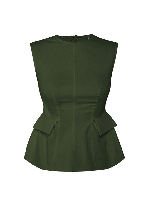 Haki Pamuklu Gabardin Peplum Cep Detaylı Dokuma Bluz TWOSS25BZ00538 - 7