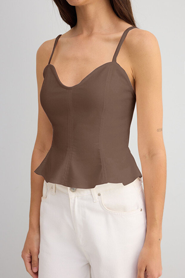 Açık Kahverengi Pamuklu Gabardin Askılı Peplum Dokuma Bluz TWOSS25BZ00537 - 4