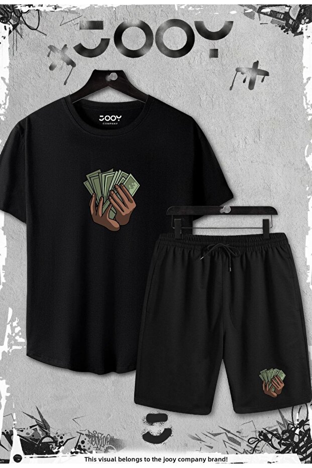 2-Piece Money Design Slim Fit Black Tshirt - Set with Black Shorts