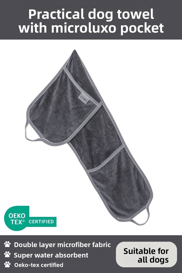 Microlux ® Practical Dog Towel with Pockets, Super Water Absorbent Microfiber Towel for Small & Large Breed Dogs