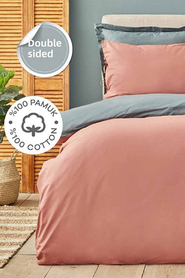 Basic Terecota Petrol 100% Cotton Double Sided Double Duvet Cover Set