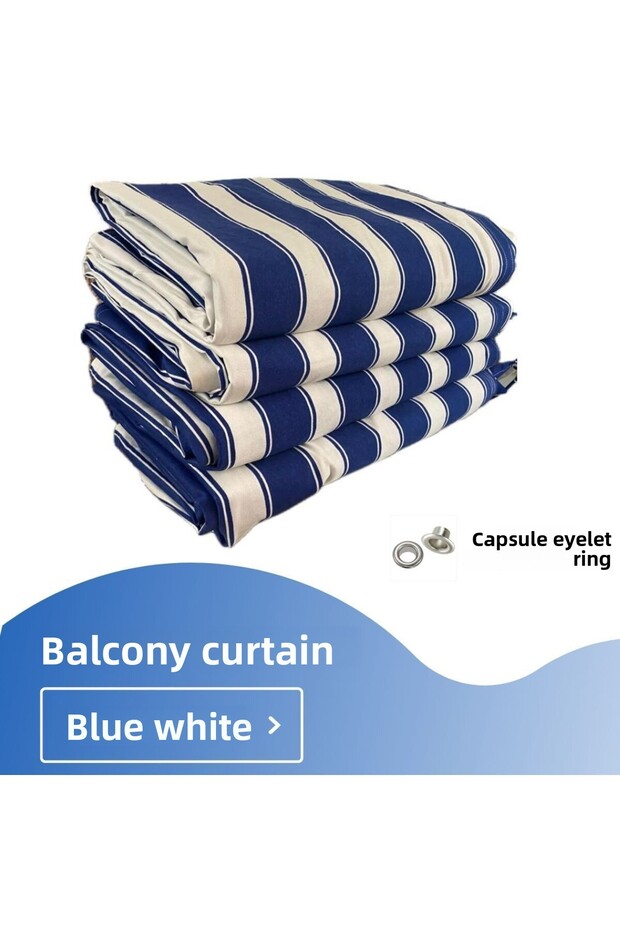 Blue and White Balcony Curtain with Iron Eyelet Ring and Lace-up Cotton Fabric