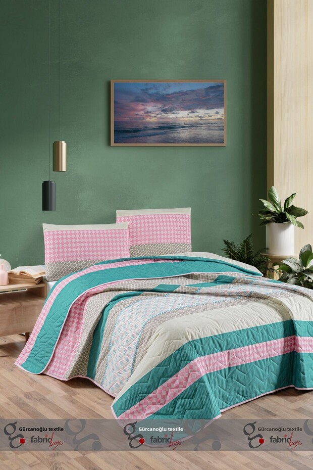 Double Patterned Bedspread Set - Washable, 100% Cotton, Multi-Purpose, Outer Fabric 220 x 230 cm