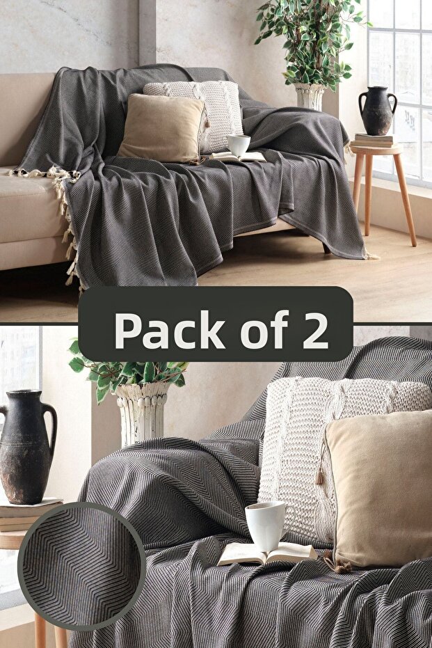 Black Cotton Decorative Sofa Cover Set 170x230 Size Optimal Non-Slip Design (2 PCS)