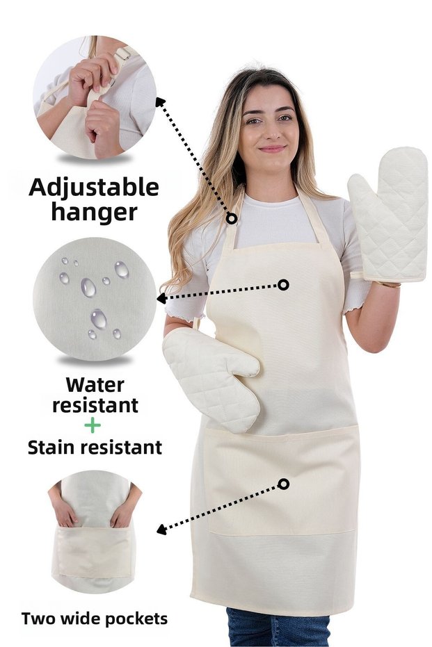 Simple Set of 3 Kitchen Apron Set with Adjustment Hanger and Pocket (2 GLOVES) Chef Waiter Cafe Cook Barista