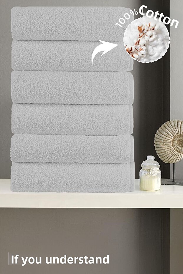 Set of 6 Plain Gray Bath Towels - 70X140 Cm, 490 Gr, 100% Cotton, Spa and Hotel Towels