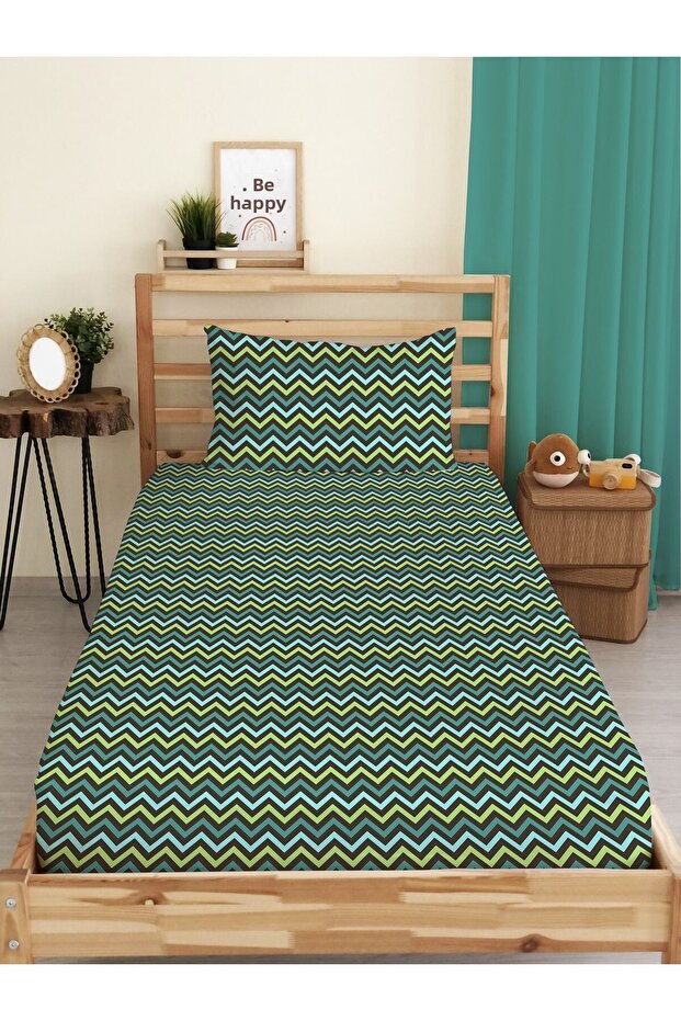 Line Patterned Printed Single Elastic Sheet Set - 1