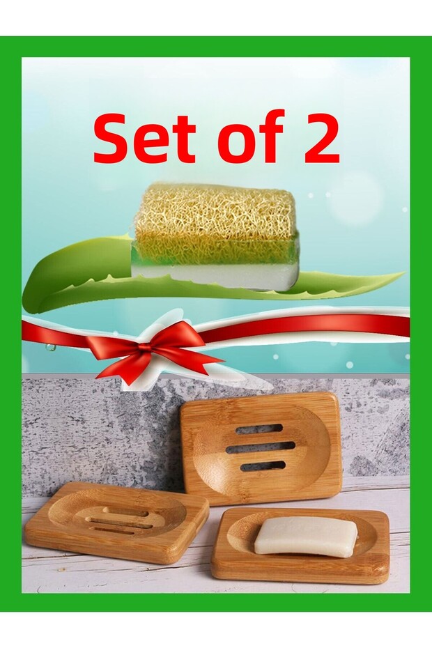 Goat Milk Aloe Vera Pumpkin Fiber Soap + Bamboo Solid Soap Dish (Natural Wood) Set of 2