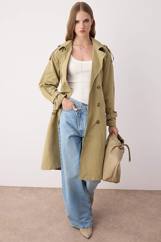 Lehký khaki dvouřadý oversize dlouhý trenčkot TWOAW26TR00010 - 7