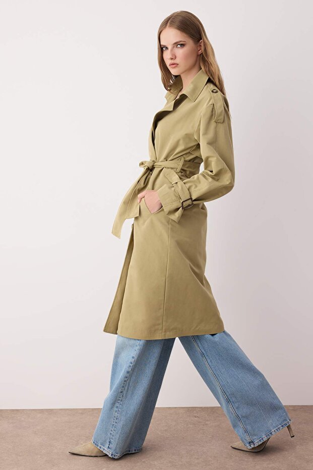 Lehký khaki dvouřadý oversize dlouhý trenčkot TWOAW26TR00010 - 8