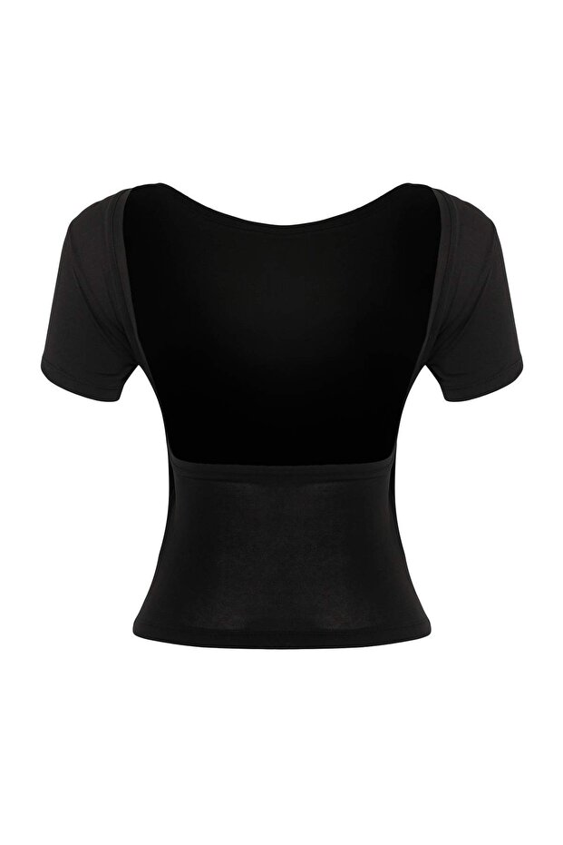 Siyah Sırt Dekolteli Göğüs Pedli Fitted/Vücuda Oturan Örme Bluz TWOSS25BZ00468 - 6