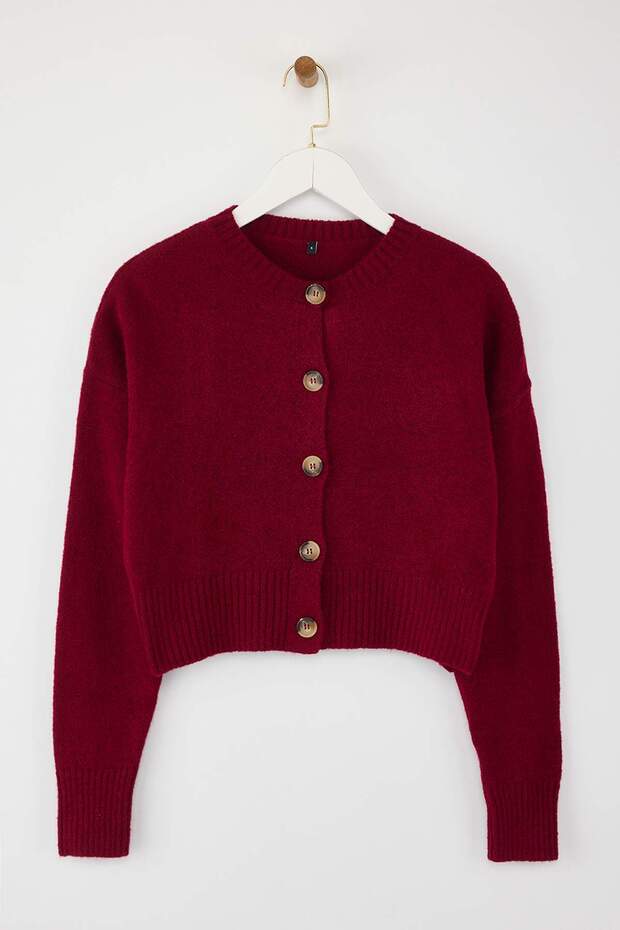 Bordo Crop Yumuşak Dokulu Düğmeli Triko Hırka TWOAW24HI00198 - 5