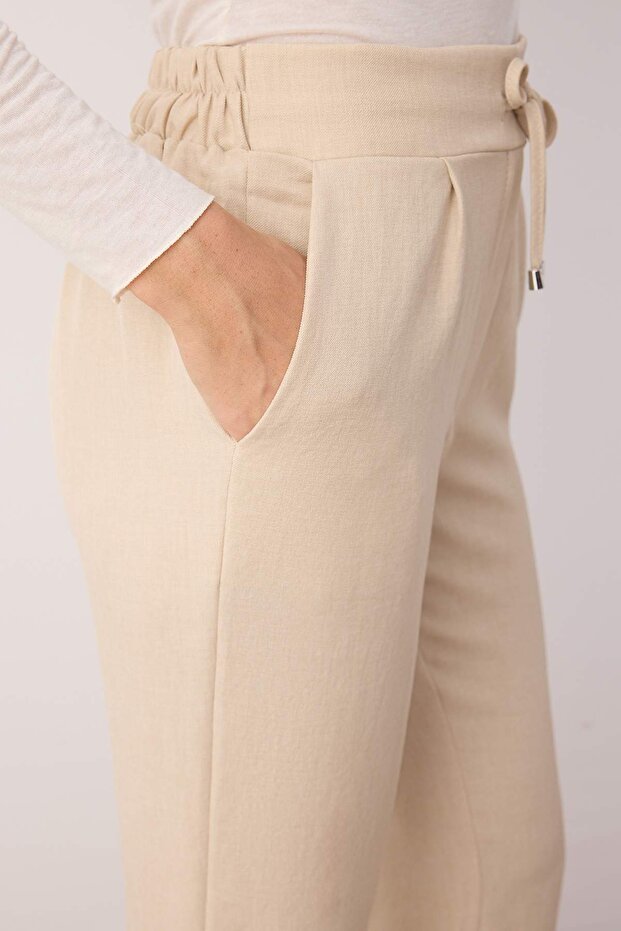 Krem İçten Bağlamalı Keten Görünümlü Kimono-Pantolon Dokuma Takım TCTSS23US00061 - 3