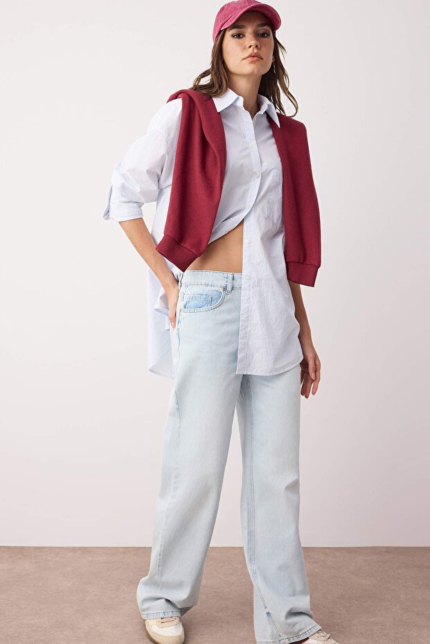 Açık Mavi Düşük Bel Wide Leg/Geniş 100% Pamuk Paça Jeans TWOAW26JE00001 - 1