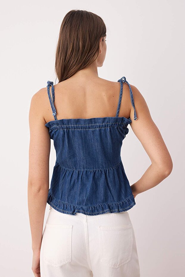 Mavi Omuzdan Bağlamalı Etek Ucu Fıfırlı Denim Bluz TWOSS25BZ00434 - 4