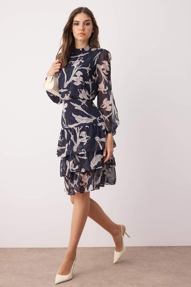 Navy Blue Waist Opening Flounced Stand Collar Lined Midi Chiffon Flight Flight Winter Dress Twoaw21El0354
