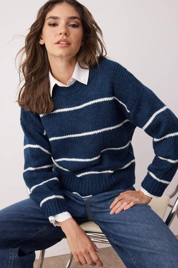 Lacivert*001 Geniş Kalıp Yumuşak Dokulu Çizgili Basic Triko Kazak TWOAW23KZ00185