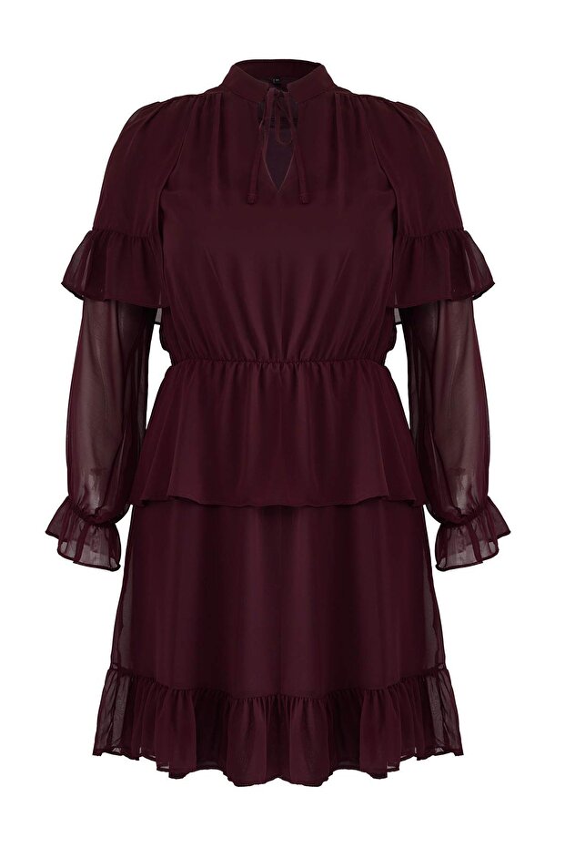 Bordó sifon gumírozott derékú, fodros mini szövésű nagy méretű ruha TBBAW26AH00003 - 6