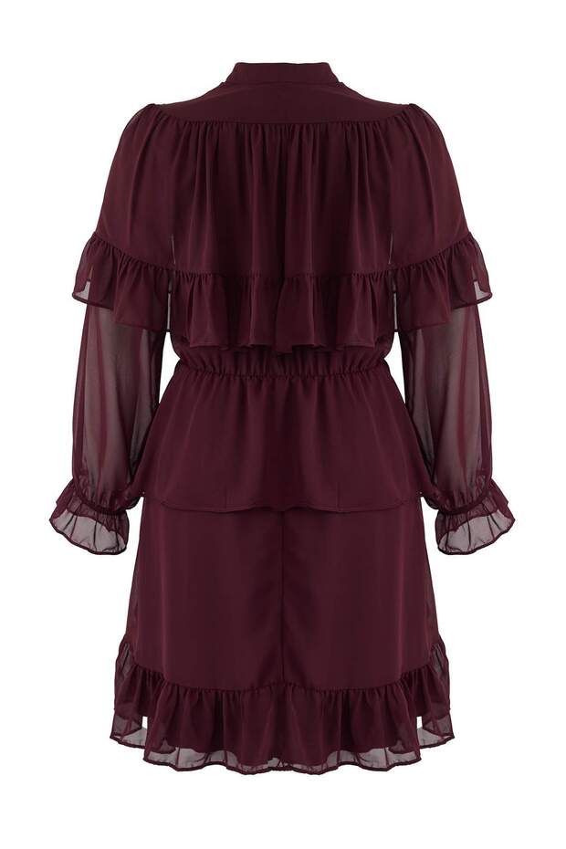 Bordó sifon gumírozott derékú, fodros mini szövésű nagy méretű ruha TBBAW26AH00003 - 9