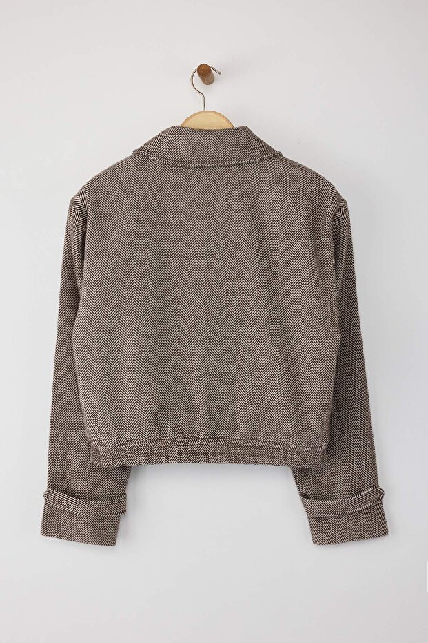 Kahverengi Balıksırtı Desenli Oversize Kalıp Bomber İnce Ceket Mont TWOAW26MO00129 - 6