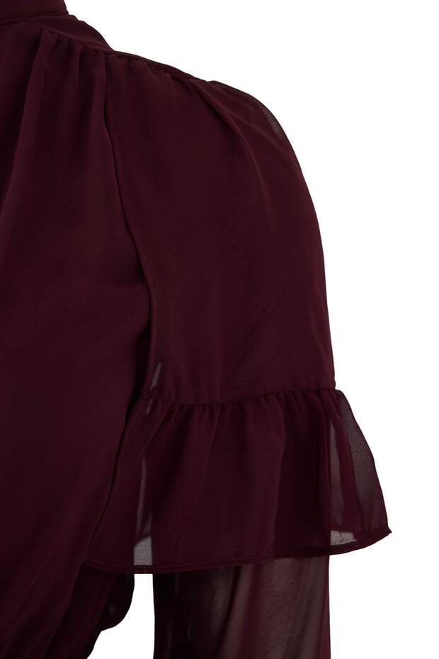 Bordó sifon gumírozott derékú, fodros mini szövésű nagy méretű ruha TBBAW26AH00003 - 7