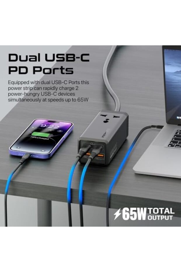 Power Strip, 5-in-1 Multi-Port 65W GaNFast Power Extension with 2500W AC Socket, Dual USB-C - 5