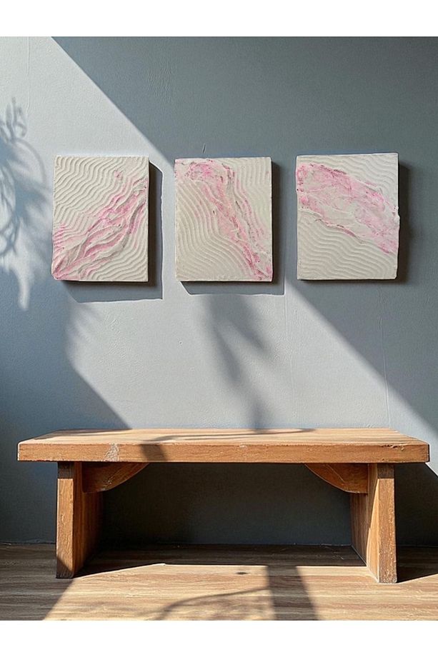 Dokulu El Yapımı Tablo 3lü Tablo Seti Modern Dokulu Tablo,pembe Dokulu Tablo - 4