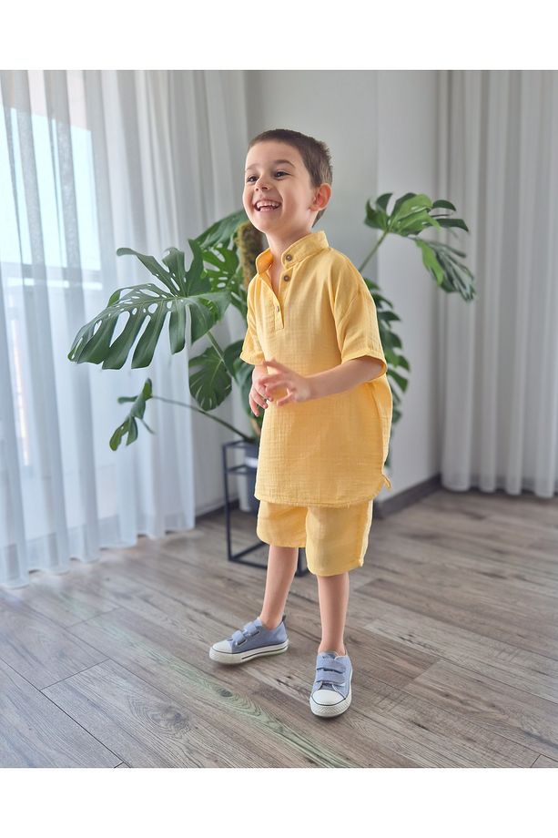 SarıMelanj Gömlekli Erkek Çocuk Müslin Şort Takım (2-8 Yaş) MTYE0056 - 3