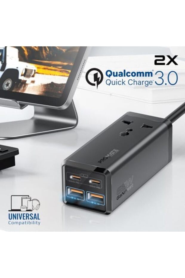 Power Strip, 5-in-1 Multi-Port 65W GaNFast Power Extension with 2500W AC Socket, Dual USB-C - 6