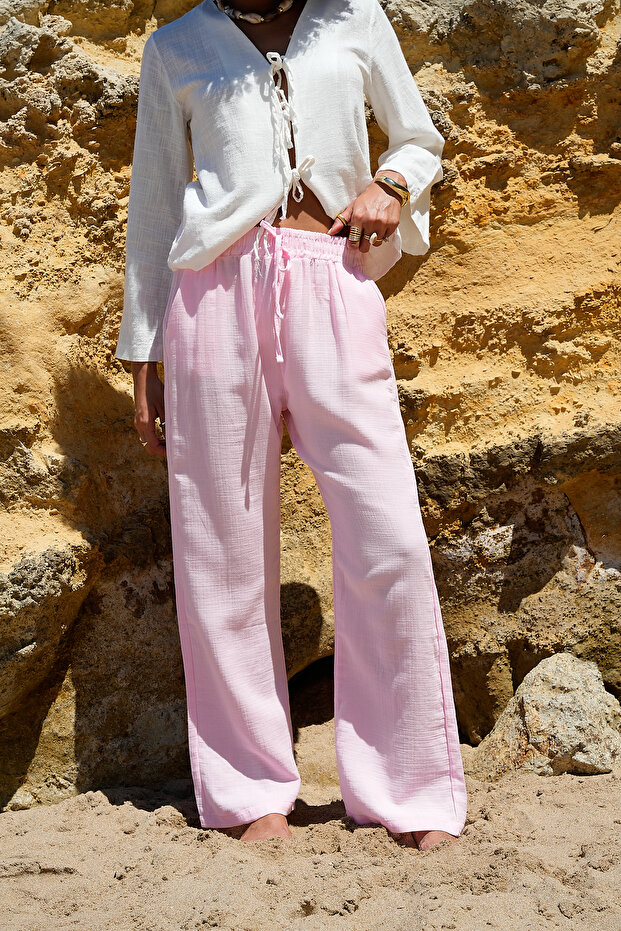 Lace-Up Linen Trousers with Elastic Waist
