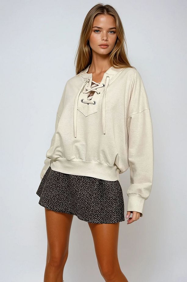 Kadın Bej Önü Bağcıklı Oversıze Sweatshirt Vgn-Mda-1029 - 4