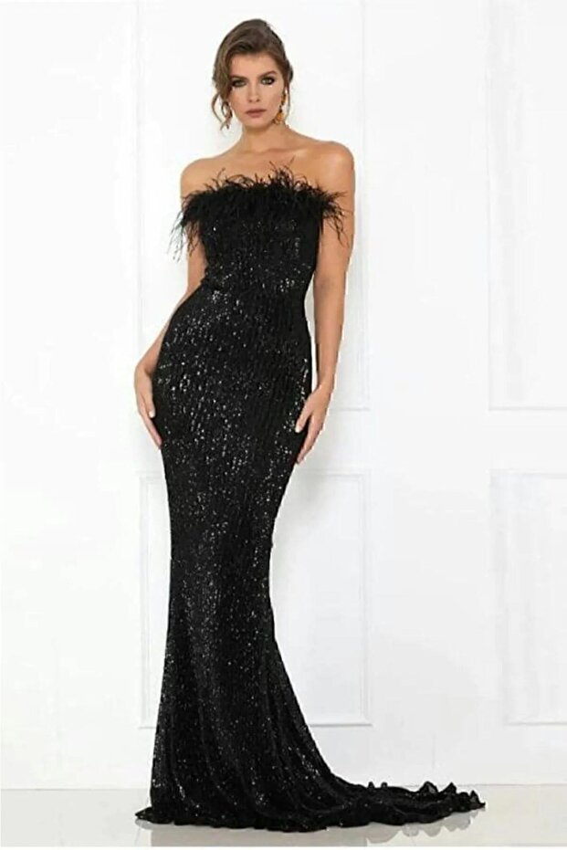 Trend Sequin Feather Detailed Evening Velvet Black Dress