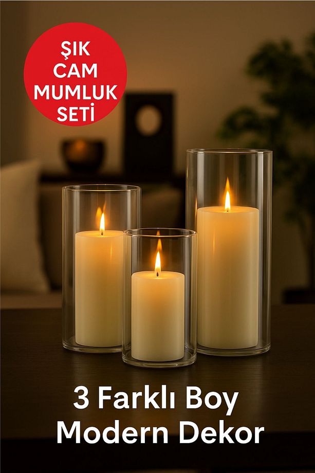 3 Lü Set Cam Vazo Silindir Mumluk Seti - 1