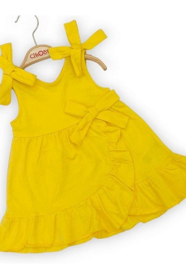 Kız Bebe Çocuk Pamuklu Askılı Anvelop Fırfırlı Sarı Elbise - 4