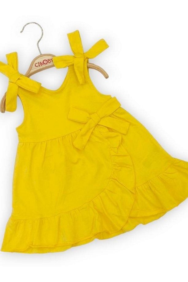 Kız Bebe Çocuk Pamuklu Askılı Anvelop Fırfırlı Sarı Elbise - 3