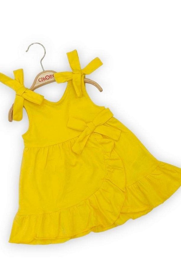 Kız Bebe Çocuk Pamuklu Askılı Anvelop Fırfırlı Sarı Elbise - 2