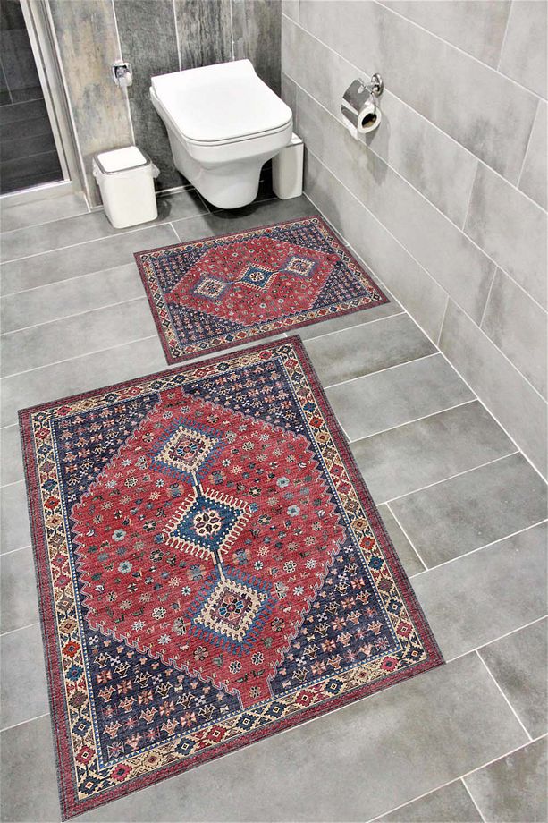 Su Emici Yumuşak Kaymaz Taban Sünger Dolgulu Pamuksu Doku Yıkanabilir Dekoratif Banyo Paspası 1624 - 1