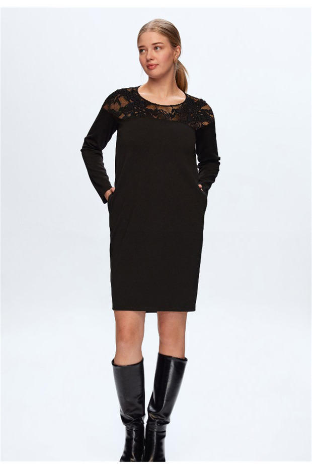 SİYAH DANTEL GARNİLİ ELBİSE - 2