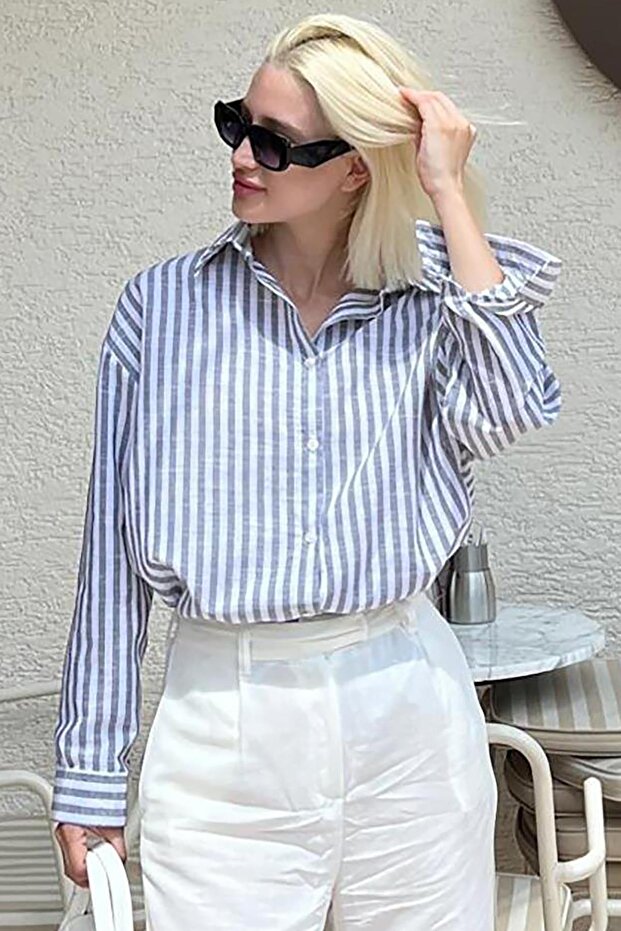 Black striped button detailed long sleeve women's shirt sh178