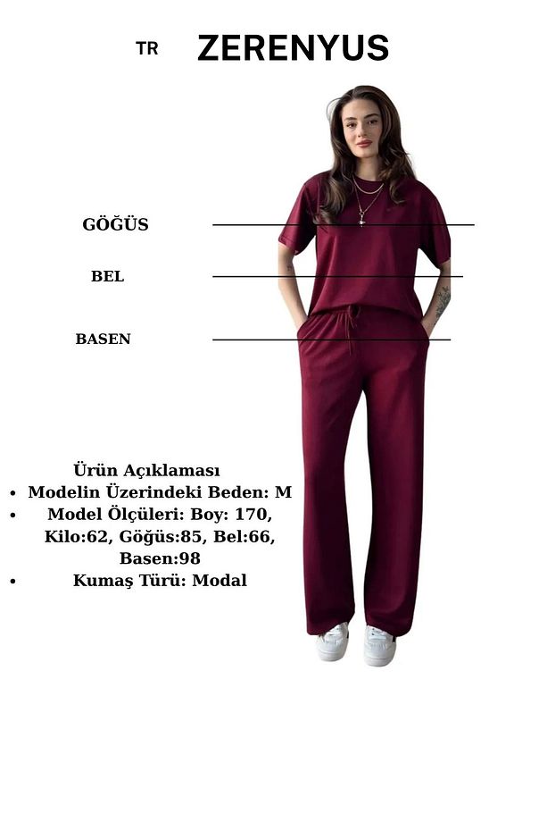 Kadın Modal Oys Kumaş Kısakol Eşofman Alt Üst Takım Bordo Laci - 6