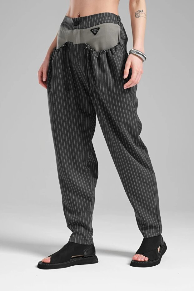 Women's Striped Fabric Detailed Back Waist Elastic Design Trousers