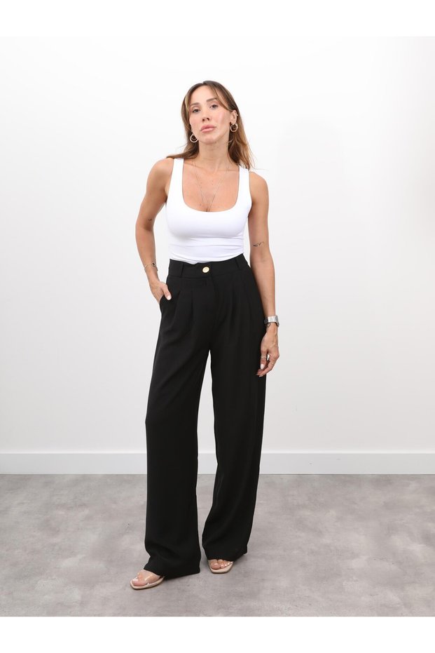 Women's Yüksel Waist Back Elastic Pleated Palazzo Black Trousers