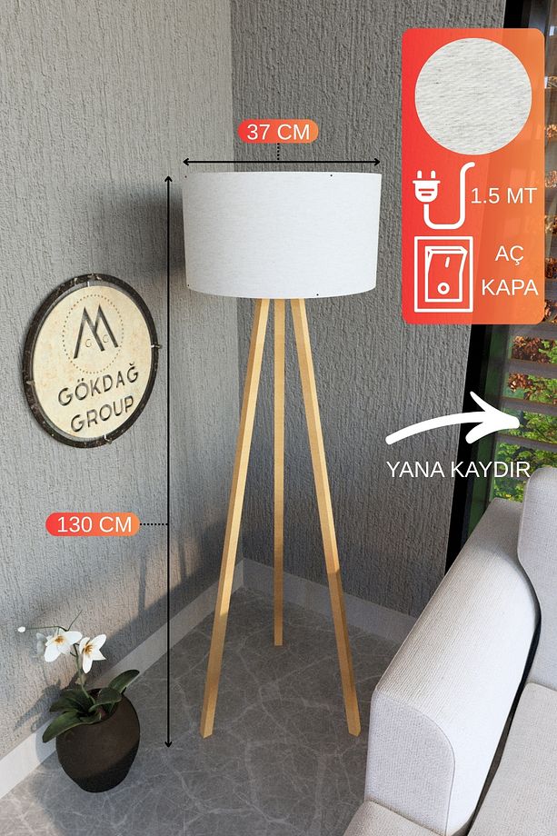 3 Ayaklı MEGA BOY Tripod Lambader Abajur Bej Kumaş Başlık - 1