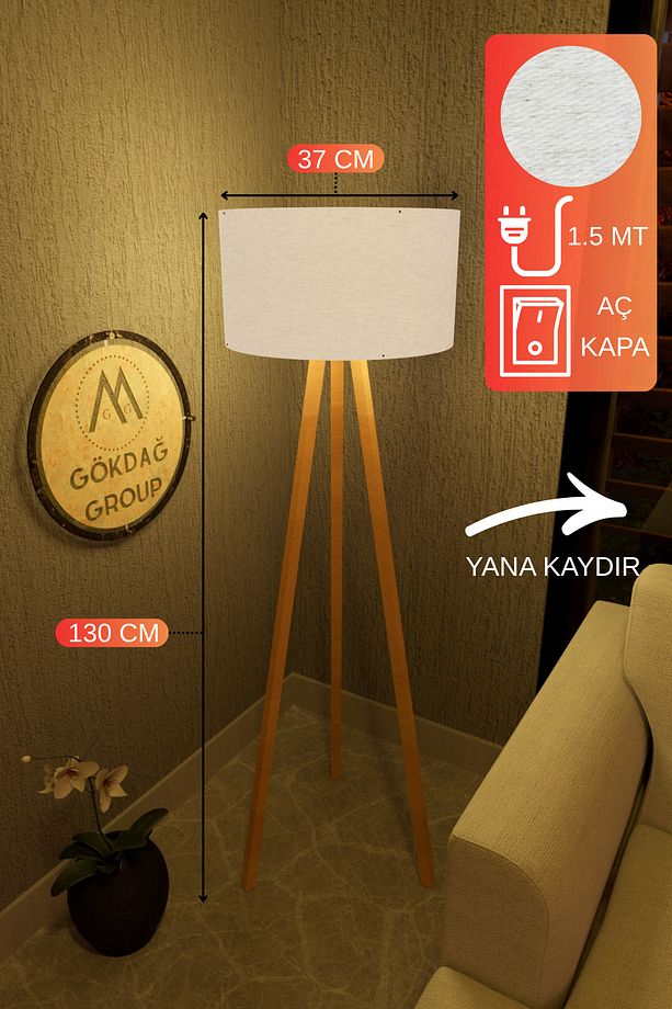3 Ayaklı MEGA BOY Tripod Lambader Abajur Bej Kumaş Başlık - 2