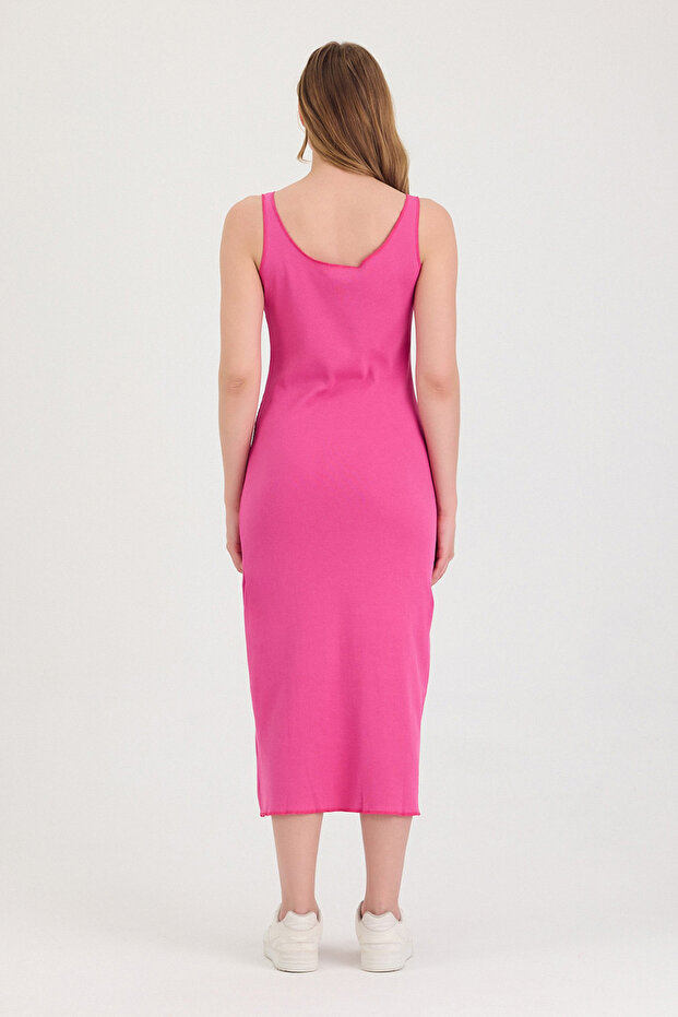 Kadın Yırtmaçlı Fuşya Elbise - 2