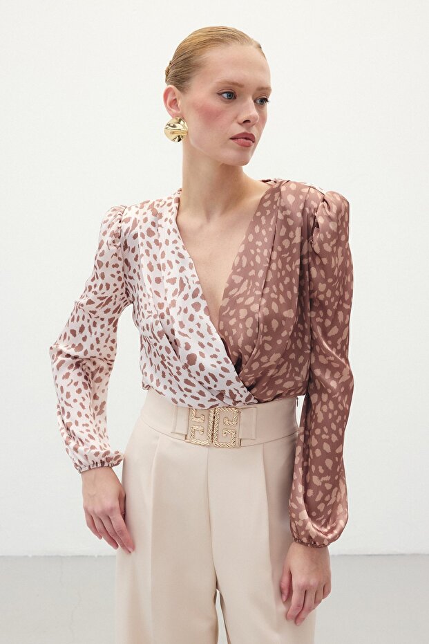 بدلة بودي سوت منقوشة بصف أزرار واحد - بني-بيج - 3